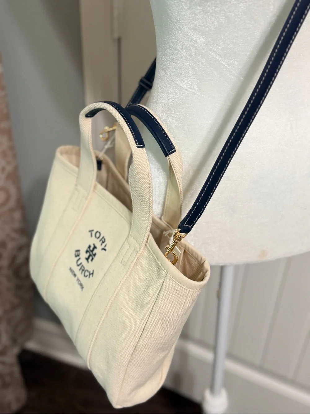 Tory Burch Cream/Navy Canvas Tote with  Leather Strap